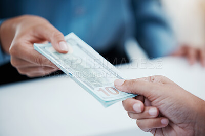 Buy stock photo Dollar, money and cash payment with hands trading wealth over a table in a financial business or investment company. Finance, loan and trusted businessman giving a customer savings, donation or gift 