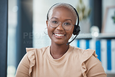 Buy stock photo Call center, contact and smile with portrait of black woman in telemarketing, customer support and communication. Consulting, contact us and networking with employee working on kpi, crm and sales