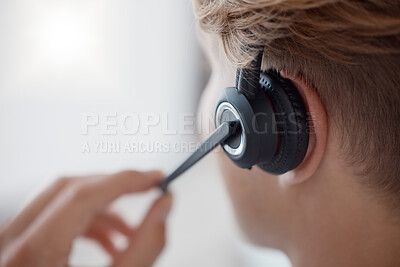 Buy stock photo Closeup, headset in call center with woman, consultant or telemarketing in office. Contact us, crm or consulting in customer service, help or customer support with zoom of microphone for call