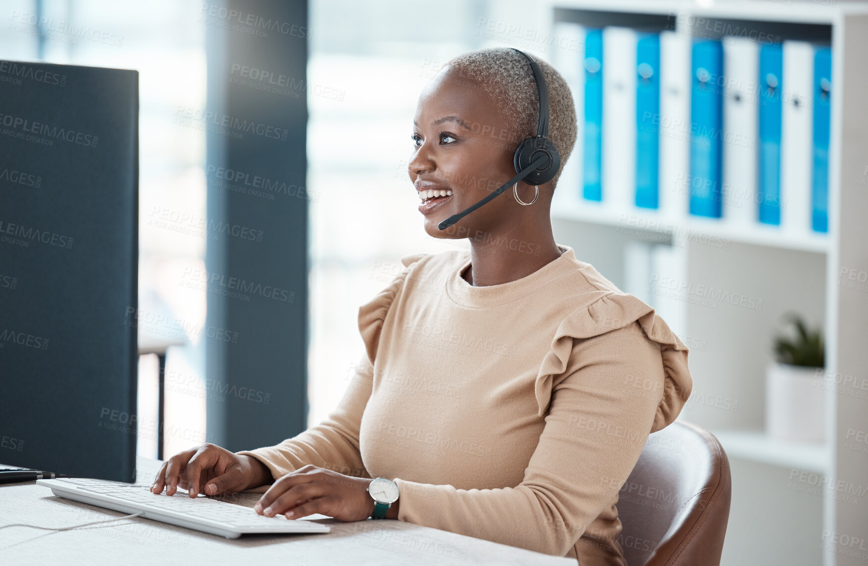 Buy stock photo Customer service in Chicago, CRM or call center  black woman employee customer support, contact us or telemarketing with customer. Worker, consultant or sales advisor with help, support or networking