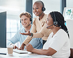 Training, teamwork and call center team in office on computer working together. Customer service, diversity and coaching manager, leader or employee helping, advise or teaching in company workplace.
