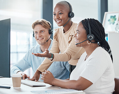 Buy stock photo Training, teamwork and call center team in office on computer working together. Customer service, diversity and coaching manager, leader or employee helping, advise or teaching in company workplace.
