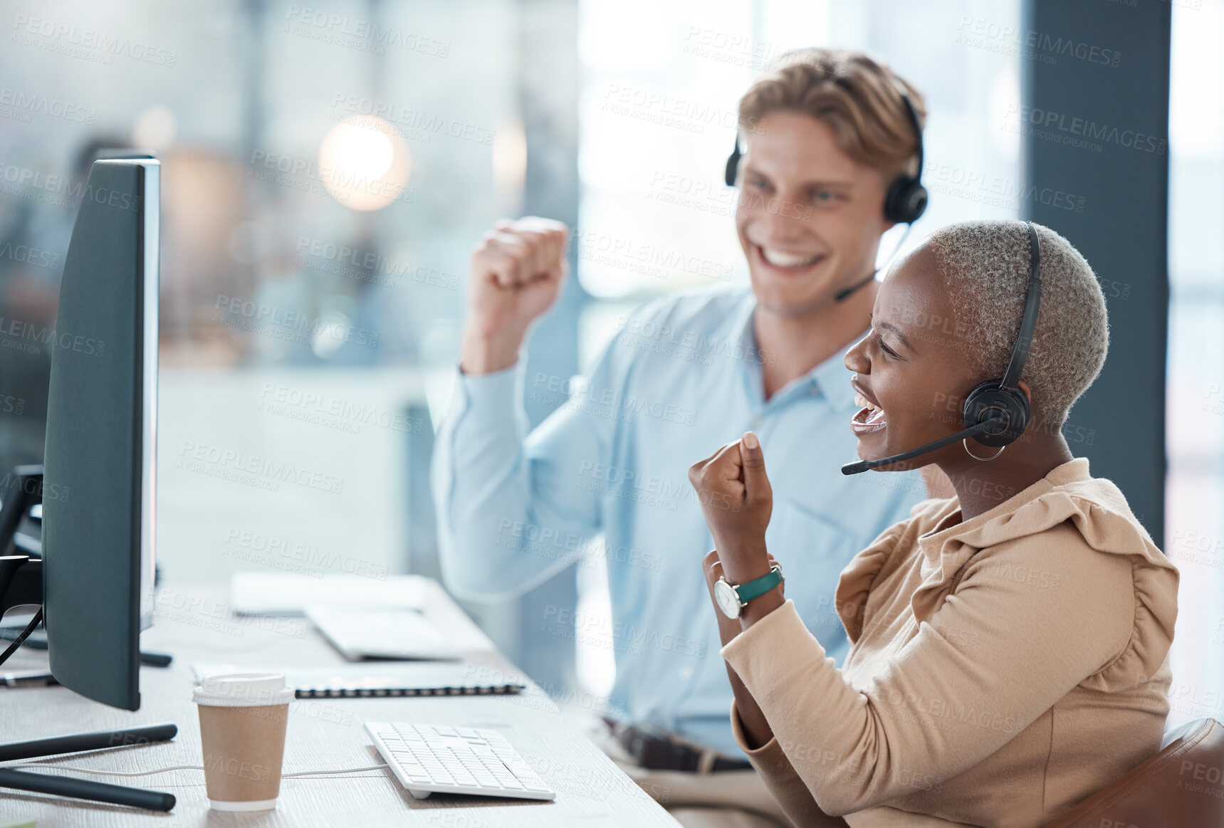 Buy stock photo Call center, success and employees in celebration, consulting and working with a goal, support and motivation on a computer. Excited, winning and happy customer service workers with smile for a sale