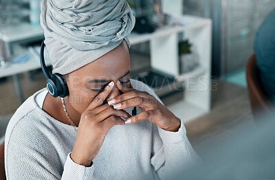 Buy stock photo Customer service agent, stress and black woman with headache at work. CRM, telemarketing employee or call center consultant with anxiety, burnout and frustrated with deadline or 404 error in office.