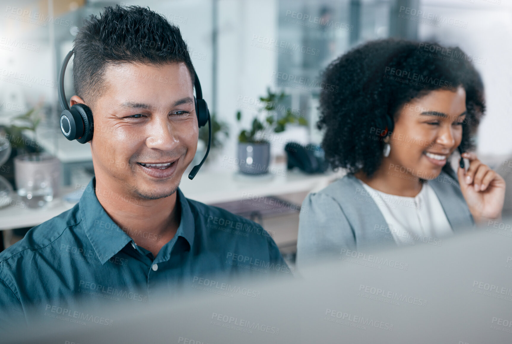 Buy stock photo Call center, consulting and employees working, giving support and talking to people on the web at telemarketing company. Happy, smile and crm workers in customer service, sales or ecommerce business