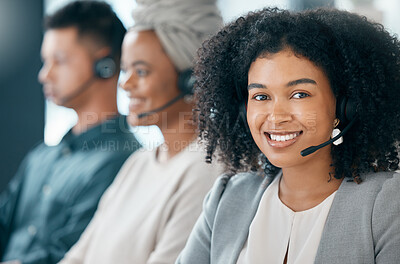 Buy stock photo Call center, customer service and telemarketing with a woman consultant and team working in the office. Crm, contact us and support with a female employee using a headset for help or consulting
