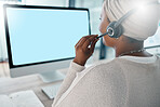 Telemarketing consultant, woman and computer with green screen for product placement, mockup or digital marketing. CRM, customer service help and phone call, black woman in call center or contact us.