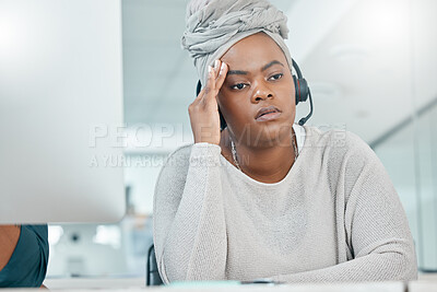 Buy stock photo Black woman, call center and stress, headache and tired in customer support, customer service or help. Crm, contact us or burnout in telemarketing, consulting or mental health at office with computer