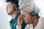 Burnout, call center and customer service consultant with headache after long hours consulting, working and doing online support. Telemarketing, contact us and black woman with mental fatigue problem