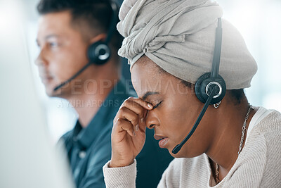 Buy stock photo Burnout, call center and customer service consultant with headache after long hours consulting, working and doing online support. Telemarketing, contact us and black woman with mental fatigue problem
