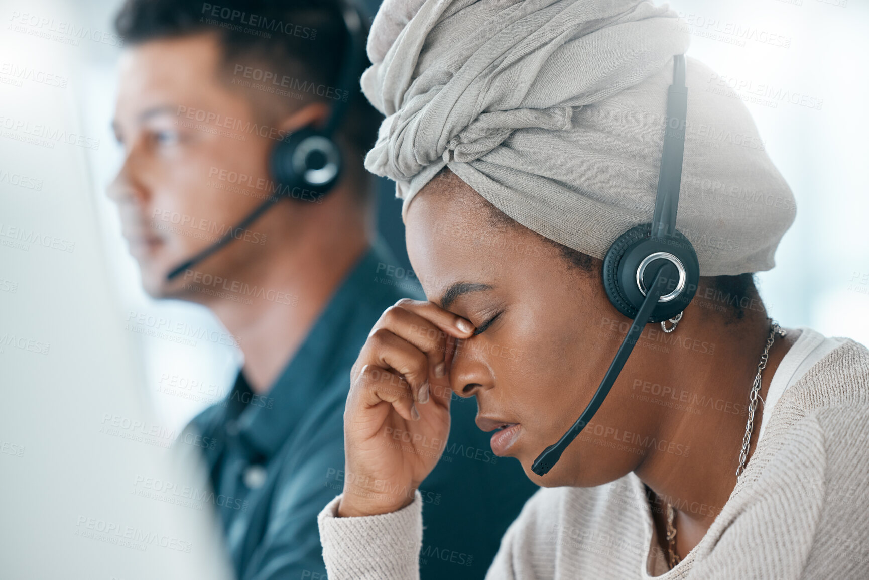 Buy stock photo Burnout, call center and customer service consultant with headache after long hours consulting, working and doing online support. Telemarketing, contact us and black woman with mental fatigue problem