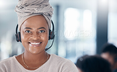 Buy stock photo Customer service, black woman call center portrait, sales consulting and telemarketing customer support worker. Happy consultant face, contact us office and communication help advisor, crm management