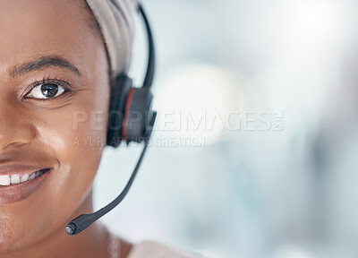 Buy stock photo Call center, headset and portrait of agent in the office ready to work. Black woman consultant in customer service, crm and support for clients working in telemarketing, communication and help desk