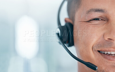 Buy stock photo Call center, customer service and face portrait of consultant working, communication and consulting for customer support. Contact us, online help desk and telemarketing man happy with sales mockup 