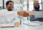 Businessman, handshake and meeting for b2b, interview or partnership in collaboration, support and trust at the office. Man shaking hands of new employee for hiring, welcome or agreement on work deal