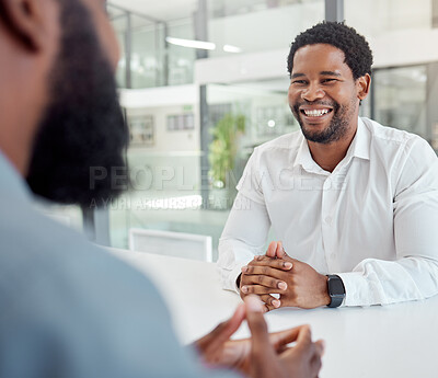 Buy stock photo Interview, recruitment and black man meeting with a manager in an office at work. Business meeting, smile and happy African worker talking and consulting with a hiring consultant for a corporate job