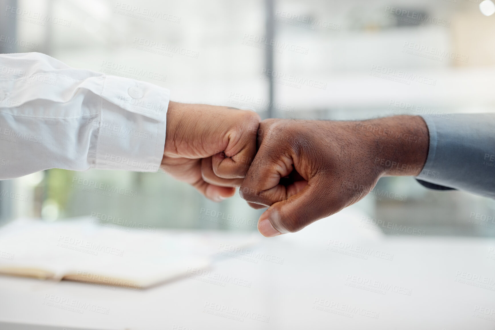 Buy stock photo Hands, motivation and collaboration fist bump hand gesture, sign or icon with teamwork, support and collaboration. Diversity worker group or business people together in unity, solidarity and welcome