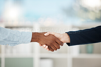 Buy stock photo Handshake, deal and teamwork with business people in partnership to welcome, in agreement or hiring staff while shaking hands. Thank you, recruitment and b2b with an employee and colleague in unity