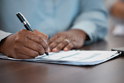 Buy stock photo Hands, documents and contract with a black man signing paperwork at a table or desk in the office. Compliance, loan and insurance with a male putting his signature on a legal document for agreement