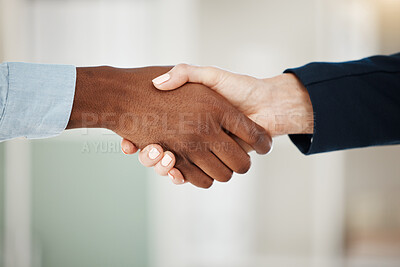 Buy stock photo Handshake, welcome and business people in a partnership shaking hands after a successful negotiation for a deal. Thank you, diversity and b2b collaboration agreement after a meeting or interview