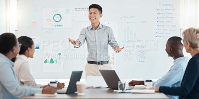 Buy stock photo Marketing, presentation and leader in business meeting, planning and talking in boardroom. Manager sharing ideas, sales strategy or growth on charts, graphs or data statistics on whiteboard in office