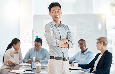 Buy stock photo Asian businessman, leadership and meeting with arms crossed for team collaboration, planning or workshop at the office. Portrait of happy, confident and proud Japanese man in corporate management
