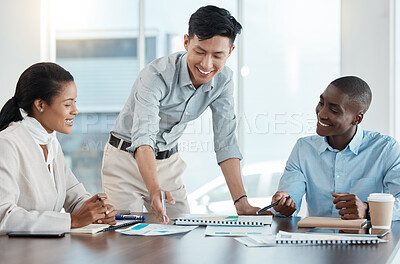 Buy stock photo Diversity, planning and strategy with marketing and advertising team working on development on startup project. Happy corporate teamwork, collaboration or support with business people happy and smile
