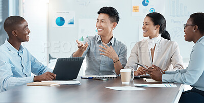 Buy stock photo Planning, communication and business people in a meeting, happy and talking about marketing at a table. Smile, corporate and workers in partnership for innovation, strategy and goal for work