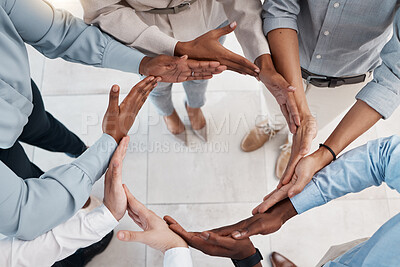 Buy stock photo Teamwork, workflow and synergy hands of business people team building together for support, network and trust. Integration circle sign of diversity group for support, connection and cooperation above