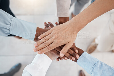 Buy stock photo Collaboration, team building and diversity stack hands together for support, career motivation and company goal. Corporate community and professional group hand sign for solidarity mission above