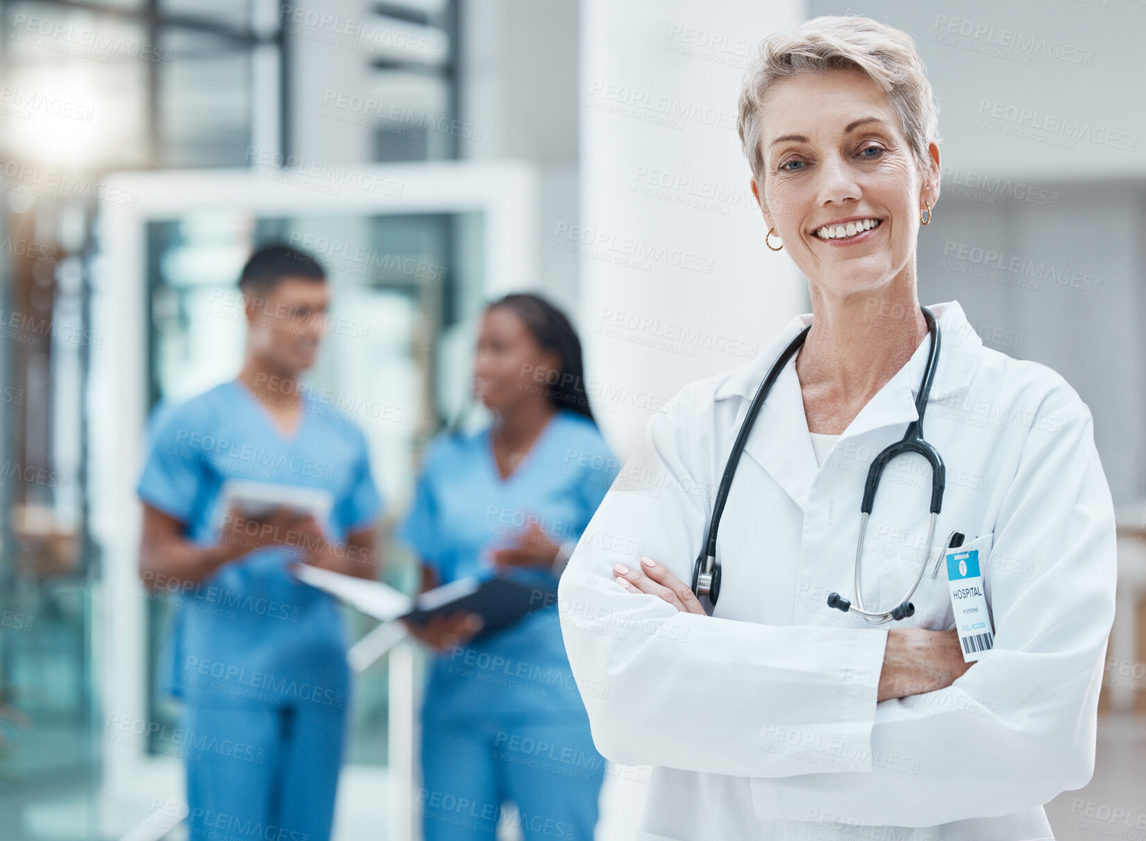 Buy stock photo Woman, doctor and smile of a proud medical worker with nurse group feeling success. Healthcare, medicine and happy health worker in a hospital and wellness clinic ready for working and assistance