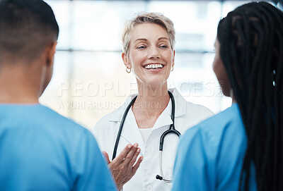Buy stock photo Leading medical doctor, nurse and meeting for healthcare treatment plan or strategy. Nursing team, cardiologist and innovation surgery ideas while collaborating for health solution in consultation