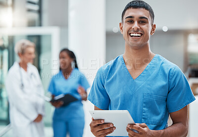 Buy stock photo Tablet, healthcare and medicine with a man nurse doing research in a hospital for health or treatment. Medical, insurance and medicare with a young male clinic worker doing a search online
