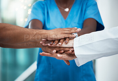 Buy stock photo Medical, team support and diversity hands of hospital nurse, doctor and surgeon stack together for healthcare teamwork. Medicine collaboration, trust meeting and partnership people ready for work