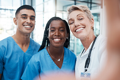Buy stock photo Hospital, doctor and selfie of medical, nurse and doctors team with a happy smile about health care. Teamwork, collaboration and healthcare community of nursing and medicine workers with diversity
