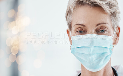 Buy stock photo Face mask, covid compliance and woman doctor in a hospital for health, safety and wellness with healthcare insurance. Portrait of female medical worker during covid19 pandemic in clean hospital