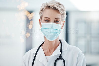 Buy stock photo Covid hospital, woman doctor and portrait of mature, professional and medical cardiology surgeon in wellness clinic. Female healthcare worker, face mask safety and corona virus consulting in surgery 