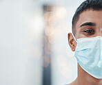 Man, face mask for covid and health closeup, safety from disease or virus, with healthcare and medicine portrait. 
Indian person, clinic and medical policy with compliance during pandemic.