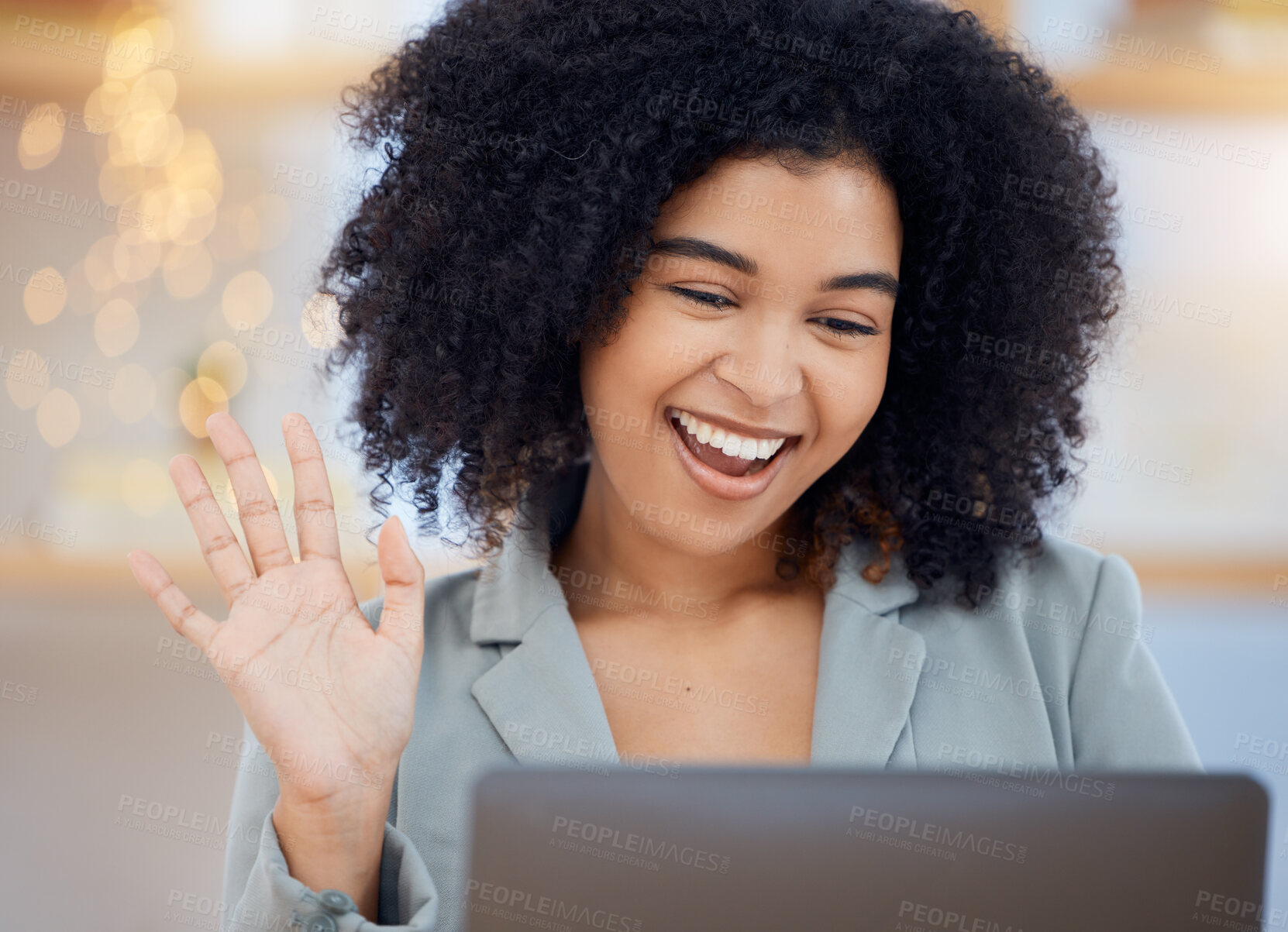 Buy stock photo Video call, laptop and a wave, black woman on with smile talking and smiling in office. Technology, communication and connection, relax and chat with advice and networking for freelance advisory job.