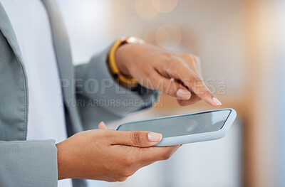Buy stock photo Phone, hand and online browsing the internet for social media news and app updates. Mobile, searching and fingers of a woman texting or typing a digital message on her connected wireless device 