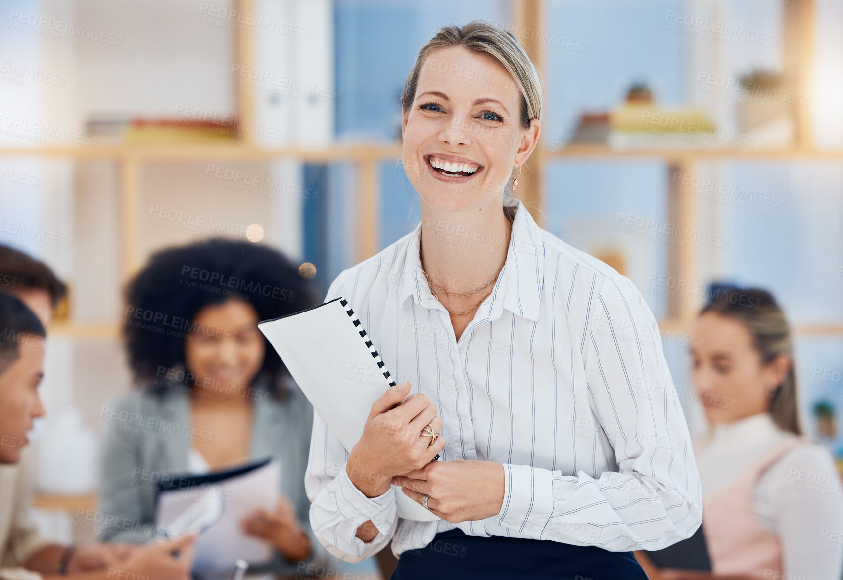 Buy stock photo Meeting, leadership and happy with a business woman holding documents in the boardroom for training or coaching. Marketing, team and manager with a female employee working with a group in the office