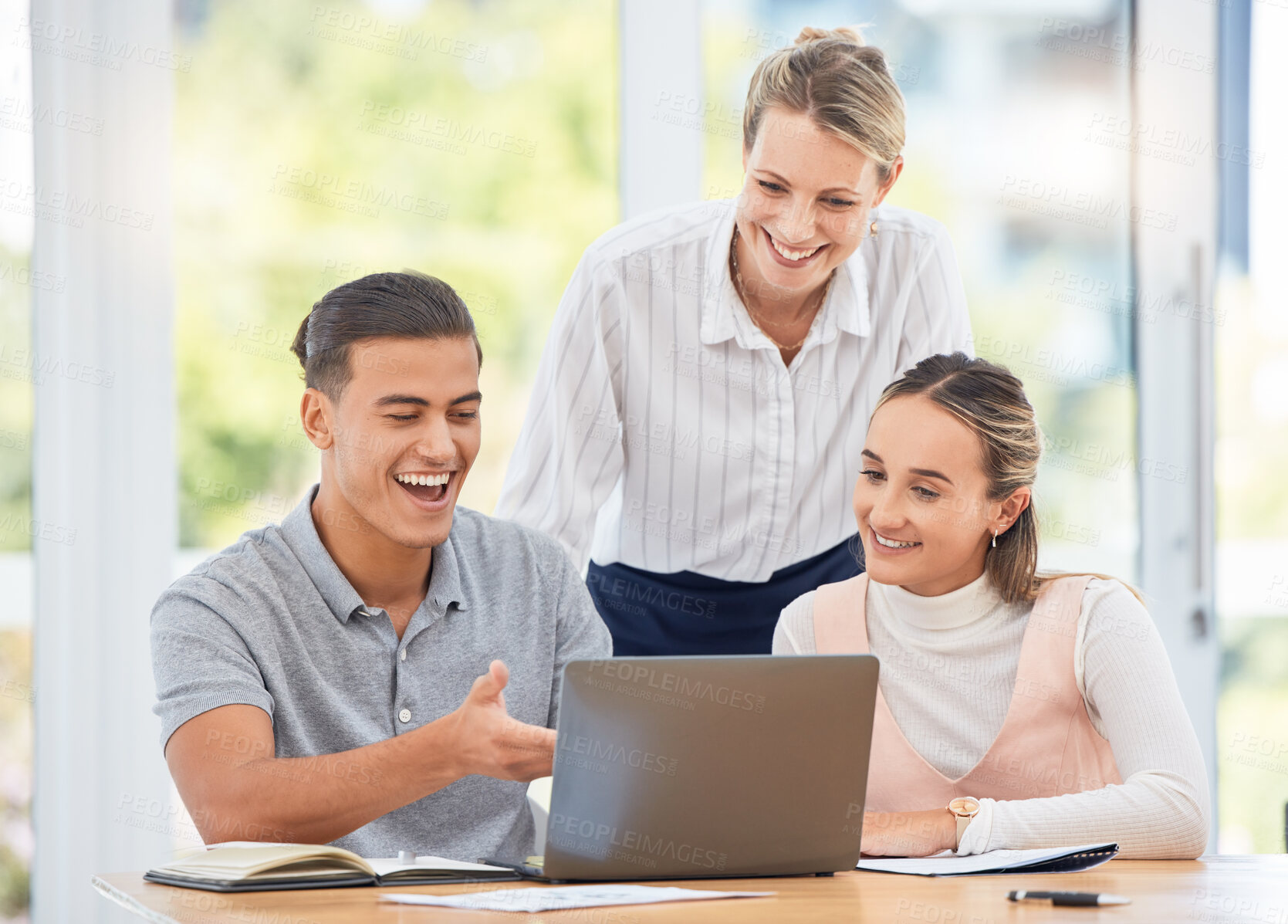 Buy stock photo Laptop, website and business people collaboration, teamwork and planning together for project, marketing strategy and analytics report.Excited corporate worker reading email feedback or online profit