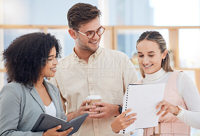 Buy stock photo Teamwork, collaboration and marketing team talking about kpi report document with pride for growth, development and achievement. Diversity of women and man happy about startup success on project