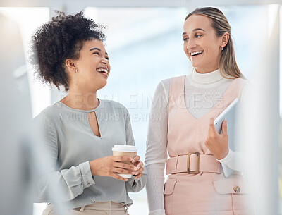 Buy stock photo Business women, friends and employees laughing for funny conversation, motivation and happiness on coffee break in modern office. Happy, diversity and comic staff smile, comedy and talking in agency