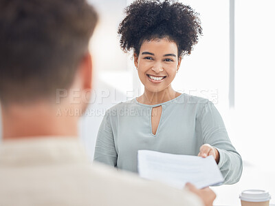 Buy stock photo Recruitment, contract and woman in a job interview with a cv, paperwork or resume document in hr with a big smile. Hiring, meeting and happy person giving human resources manager a deal agreement