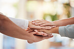 Hands, teamwork and support with a business group together in a huddle or circle in solidarity outdoor. Meeting, partnership and motivation with an employee group standing or working in collaboration