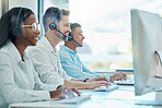 Call center team, telemarketing and computer consulting, crm contact us and customer support, service and advice. Happy salesman working with consultant group on desktop, communication and web help 