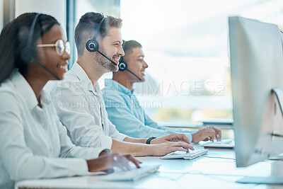 Buy stock photo Call center team, telemarketing and computer consulting, crm contact us and customer support, service and advice. Happy salesman working with consultant group on desktop, communication and web help 