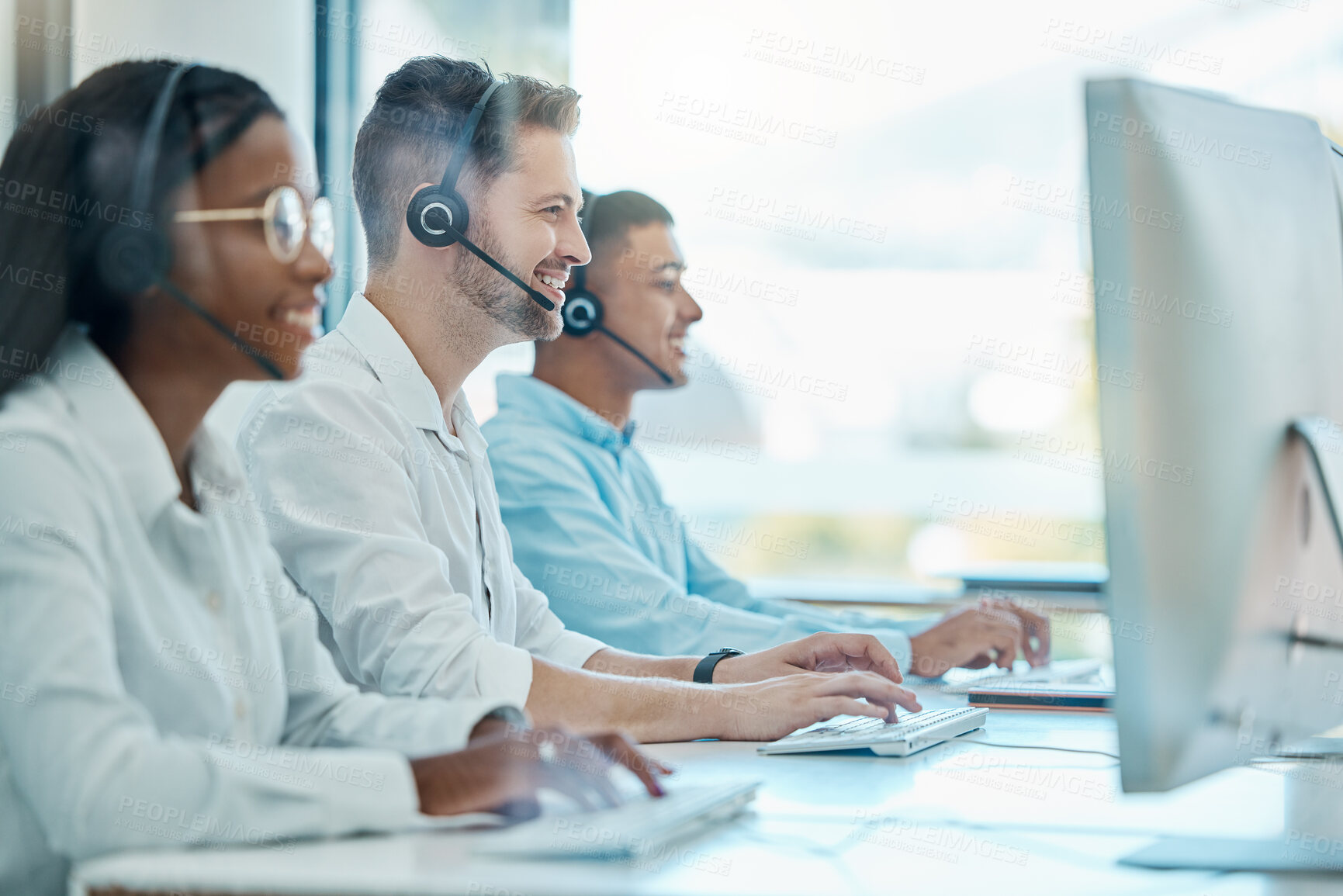 Buy stock photo Call center team, telemarketing and computer consulting, crm contact us and customer support, service and advice. Happy salesman working with consultant group on desktop, communication and web help 