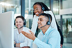 Telemarketing, training and black woman coaching team of men at customer service agency. Diversity, teamwork and crm, call center sales manager consulting staff at desk for customer support help line